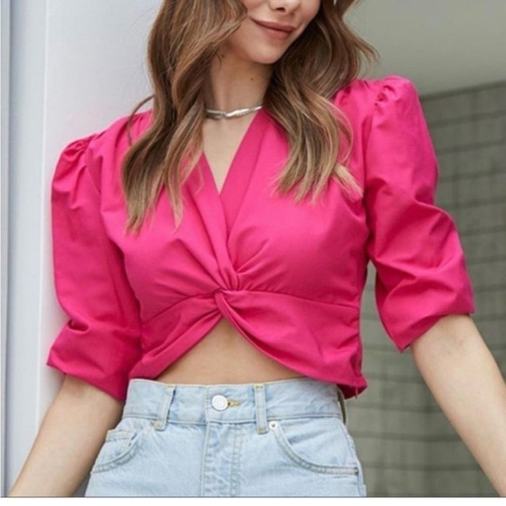 Jason Wu Hot Pink Puff Sleeve Twist Front Crop Top Size M